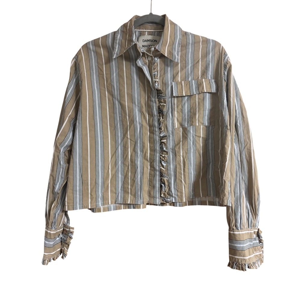 Damson Madder Ruffle Stripe Cropped Button Down Shirt Tan Blue Size 6